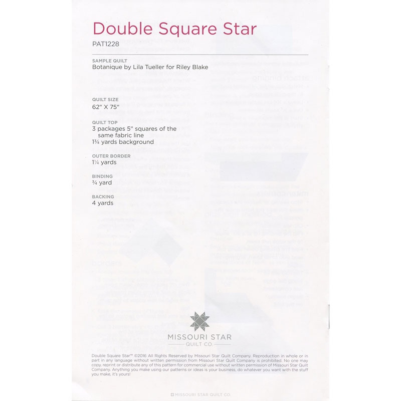 Missouri Star Quilt Co. DOUBLE SQUARE STAR 62 x 75 Pattern for